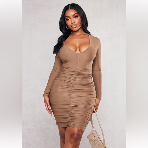 Pretty Little Thing Shape Taupe Slinky Ruched Mini Dress - Picture 1 of 4